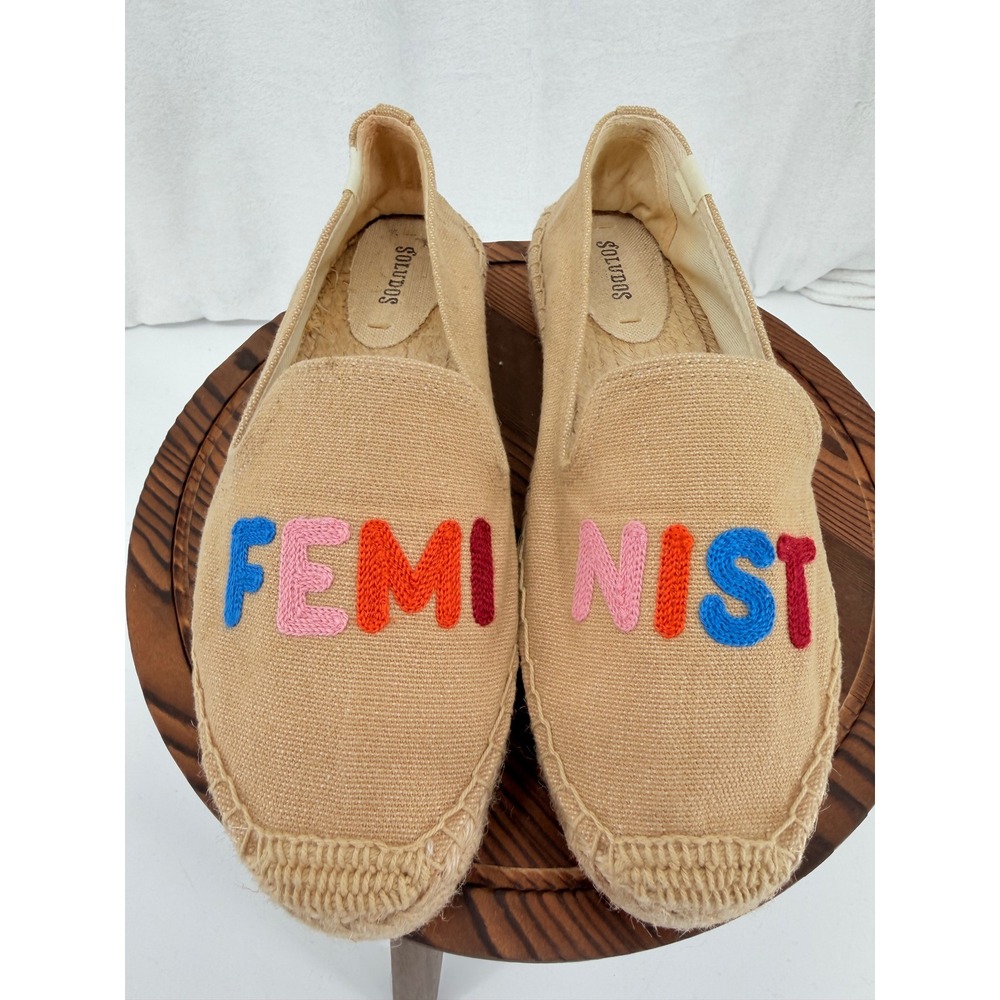 Soludos Womens Feminist Embroidered Canvas Espadrille Loafers Sand Beige Size 9
